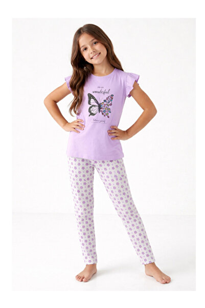 Victor and Jane Girls’ Pajama Set – Butterfly Graphic Frill Sleeve Top & Star...