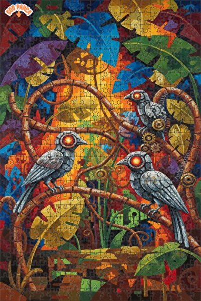 Esranın Dünyası Mechanical Birds Forest Oil Painting Lookalike Double-Layer F...