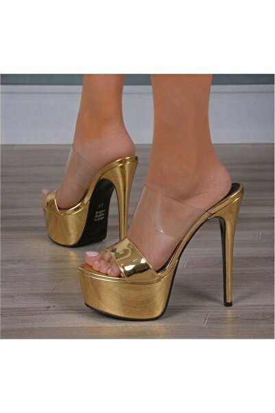 Tarz Topuklar Coco Gold Ayna- Transparent Women's High Heels