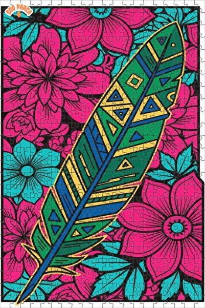 Esranın Dünyası Colorful Feather Patterned Line Art Double-Layer Framed Woode...