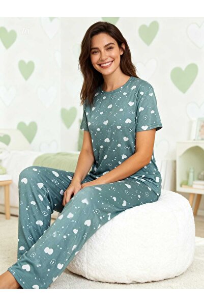 NiCe İç Giyim Green Color Heart Pattern Crew Neck Milan Fabric Spring Women's...