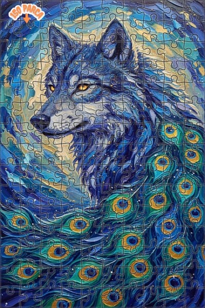 Esranın Dünyası Fairy Tale Wolf Peacock Feathers Double-Layer Framed Wooden P...