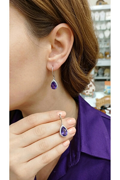 Sevil Gümüş 925 Ayar Gümüş Ametist Taşlı Su Damlası Küpe