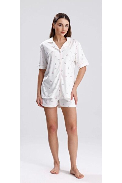Espuar Комплект пижама за жени с къси ръкави, с цветен принт, с якичка и шорти