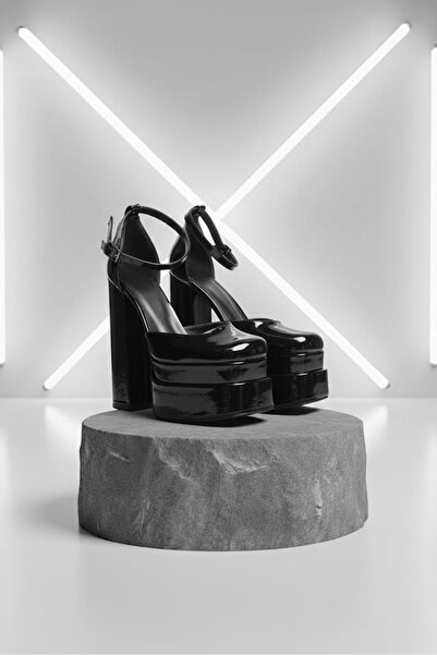 Tarz Topuklar Figooo Μαύρα λουστρίνια γυναικεία παπούτσια με διπλή πλατφόρμα ...