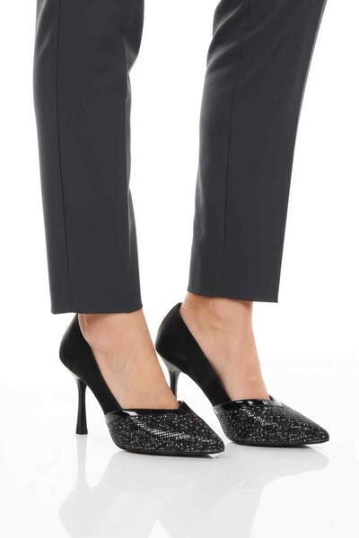 Aspor Black Satin Stone Embroidered Women's Evening Dress Shoes