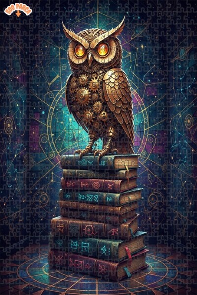 Esranın Dünyası Mechanical Owl Mystery Books Oil Painting Double-Layer Framed...