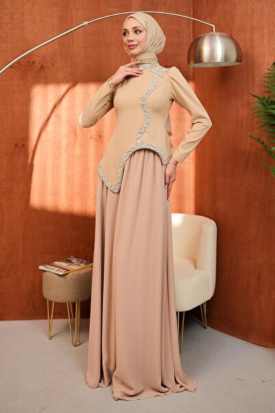 İmajButik Beige Skirt Chiffon Double Evening Dress Set