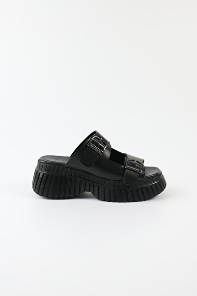 Tuna Genuine Leather Black High Sole Women's Shoes Slipper - Rgn01