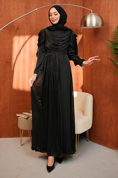 İmajButik Black Satin Evening Dress with Draped Front