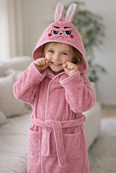 INTER Z Hooded Baby Kids Bathrobe with Cute Pink Rabbit Figure