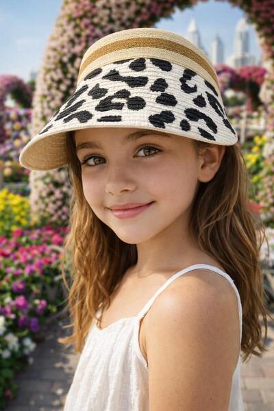 MARBERRY قبعة بيضاء من القش للفتيات من طبعة الفهد قطع، مناسبة للأعمار من 10 إ...