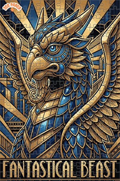 Esranın Dünyası Golden Blue Mythical Creature Art Deco Oil Painting Double-La...