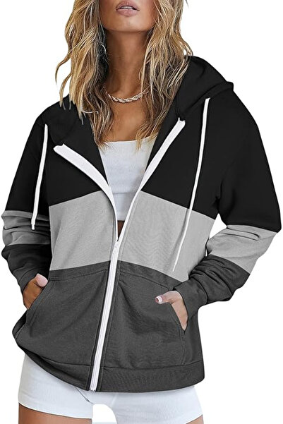 OEM Loose women's hoodie with hood and zipper, black/grey/dark grey S