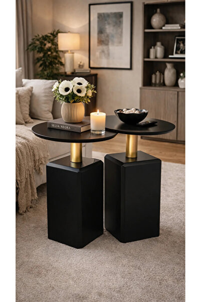 Gold Design KÜP model ikili takım siyah-gold yan sehpa zigon komple mdf ve la...