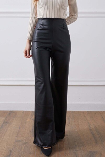 zenne Faux Leather Zip Detail High Waist Trousers Black