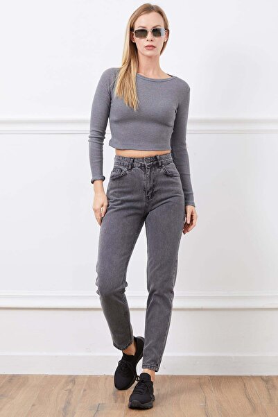 zenne High Waist Mom Jeans Trousers Anthracite