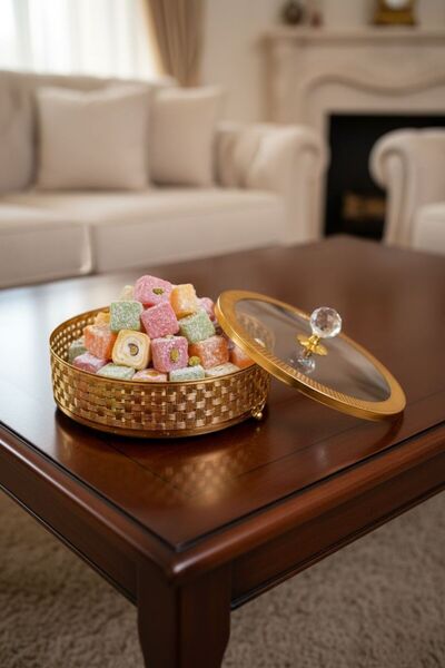 Bereketli Store Aynalı Gold Cam Kapaklı Elmas Kulplu Örgü Detaylı Dekoratif A...