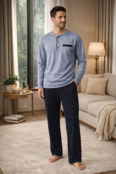 Uğur bebe 100% Cotton Men's Pajama Set Gray Top Black Bottom Long Sleeve Comf...