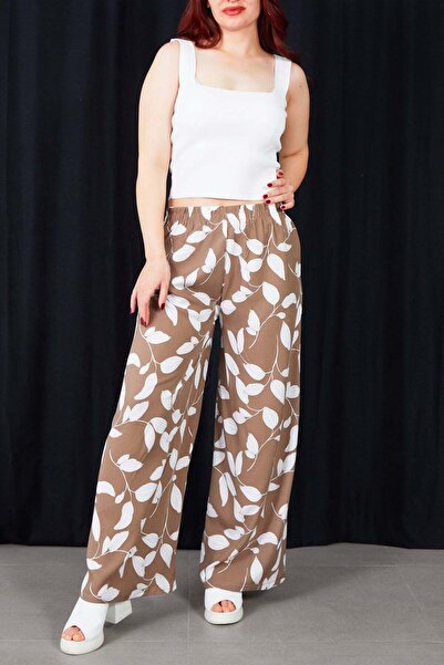 zenne Yaprak Patterned Comfortable Fit Elastic Waist Wide-Leg Pants Brown