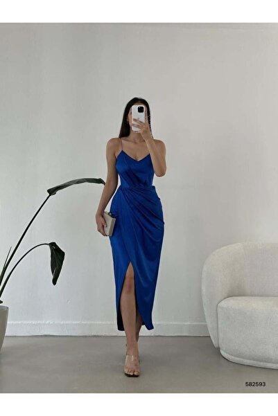 Modafeminen Cobalt Satin Strap Double-Breasted Dress 582593