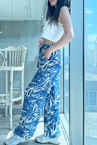 zenne Patterned Elastic Waist Comfortable Fit Wide-Leg Trousers Blue