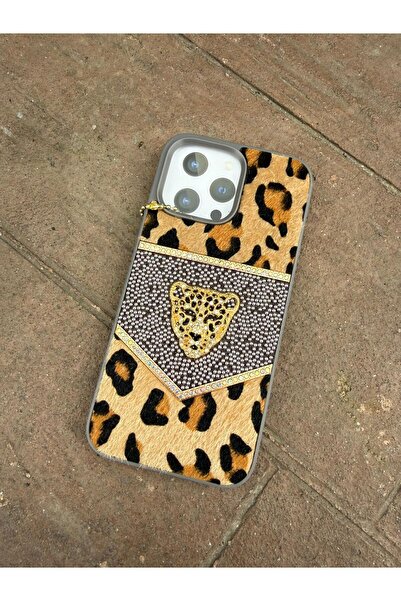 madamcase iPhone 15 Pro Gray Color Le Leopard Printed Stone Feather Premium Case