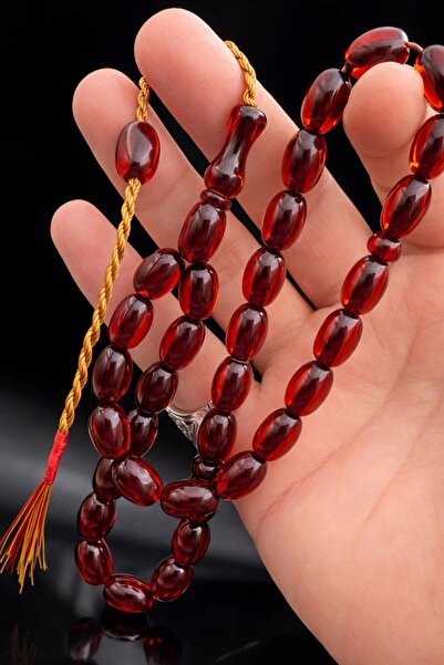 Cemhan Göksal سبحة من حجر العنبر الناري الأحمر الشفاف مقاس 9x13 مم بقصة كبسول...