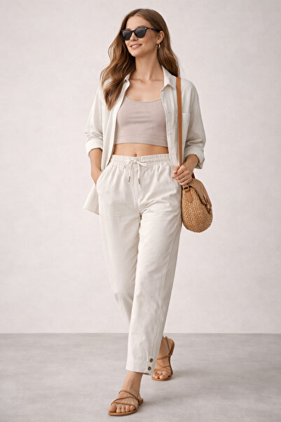 Butik Şans Double Tt Women's Button Detailed Stretch Fabric Comfortable Pants