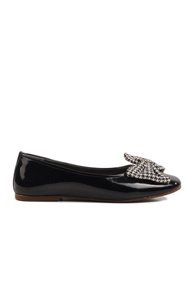 Aspor Black Patent Leather Girl's Ballerina Ballerina with Bow Ribbon