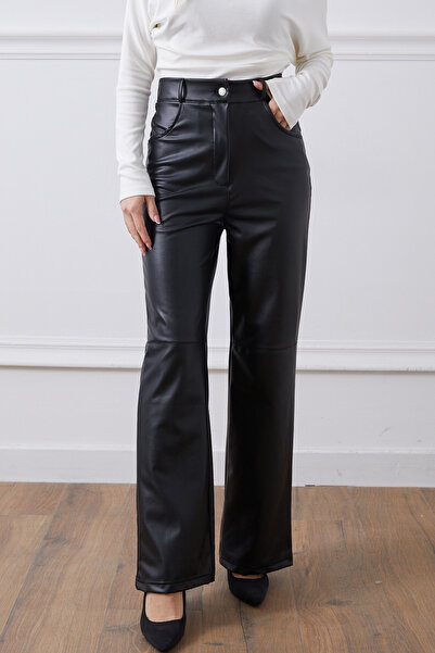 zenne Faux Leather Elastic Waist Wide-Leg Pants Black