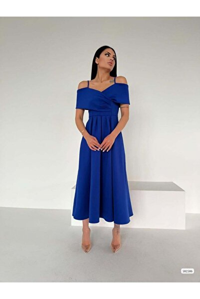 Modafeminen μπλε κοβαλτίου Φόρεμα με λουράκια από τους ώμους Midi μήκος 582586