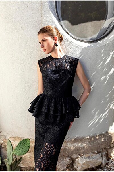 KAMEYA VOLANLI DANTEL MİDİ ELBİSE 40985