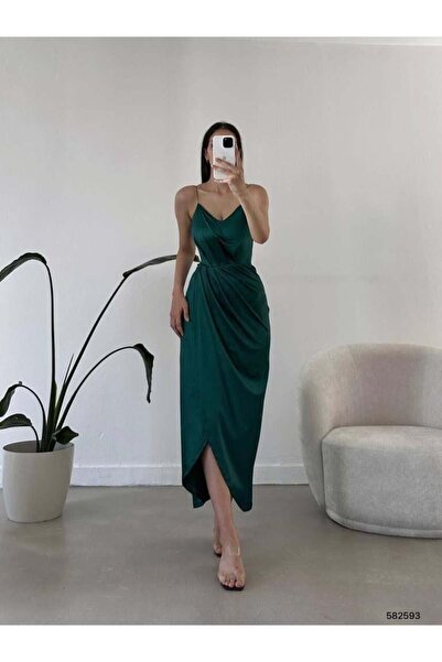Modafeminen Emerald Satin Strap Double-Breasted Dress 582593