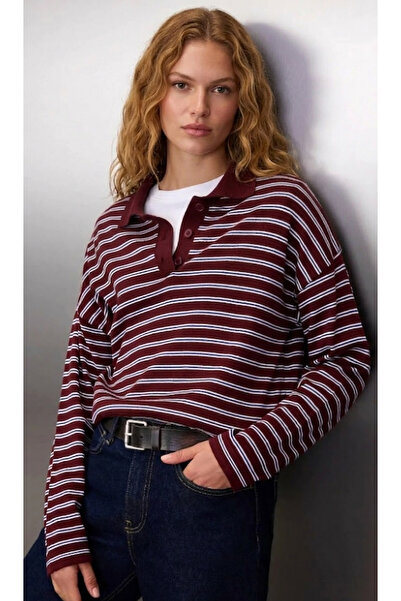 Nostos Algos Plum Special Yarn Polo Collar Sweater Striped Knitwear Sweater