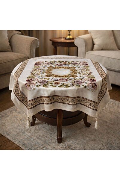 Yeshome Collection Ottoman Rose 95X95 Tapestry Coffee Table and Fiskos Cover