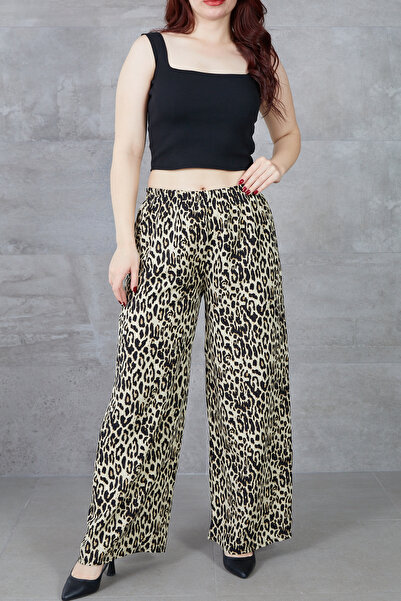 zenne Leopard Printed Pack Comfortable Fit Wide-Leg Casual Pants Beige