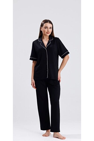 Espuar Women's Shirt Collar Buttoned Short-Sleeved Long Pajama Set