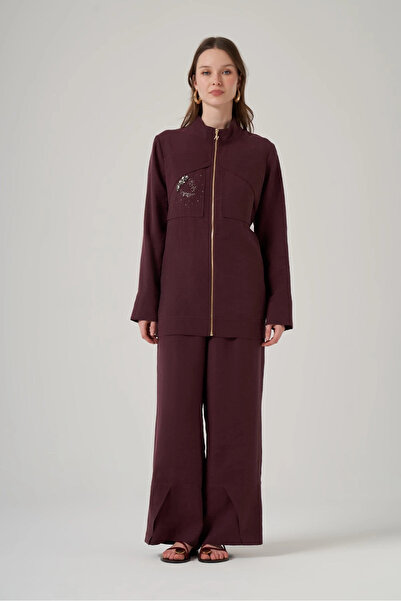 Nuss 1054 Pocket Stone Embroidered Trouser Suit - Plum