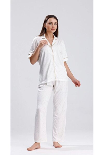 Espuar Set pijamale pentru femei Buttoned guler de cămașă Hearts cu model