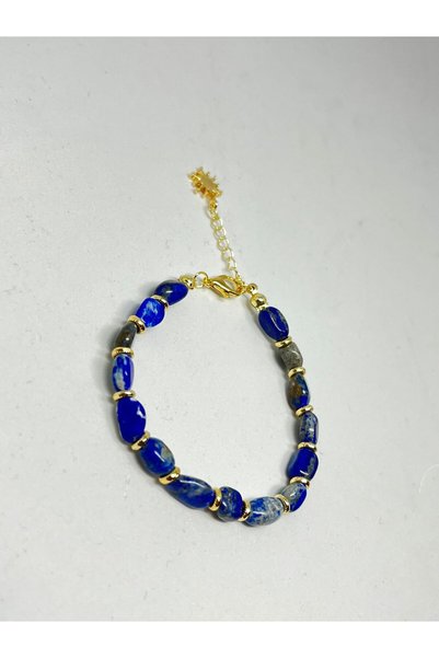 Agatella Tasarım Lapis Lazuli Natural Stone Bracelet with Gold Detail, Stylish Women's Bracelet, Handmade