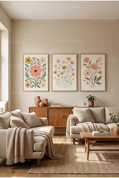 Tontilika Modern Çiçek Sanatı 3’lü Ahşap Çerçeveli Tablo Seti