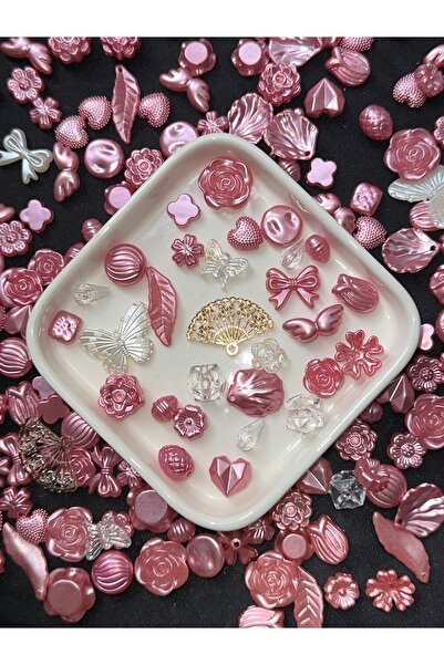 Bijumix Aksesuar 40 Adet Sedefli Koyu Pembe Şeffaf Beyaz Karışık Figürlü Plas...