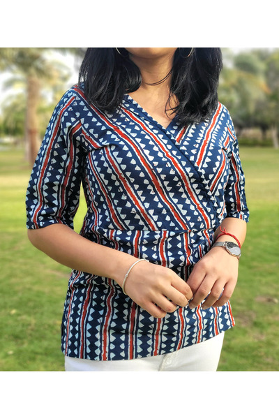 IndHeritage Premium blue cotton top / blouse with red & white prints for wome...