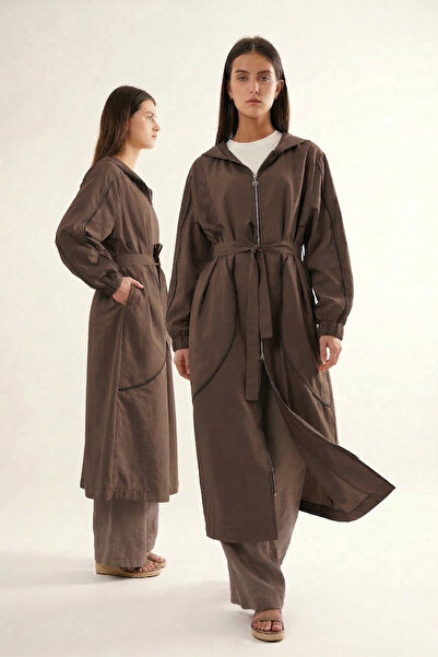 Ceremony Sleeve and Front Zip Detail Hooded Safari Cap Jacket 816 Brown