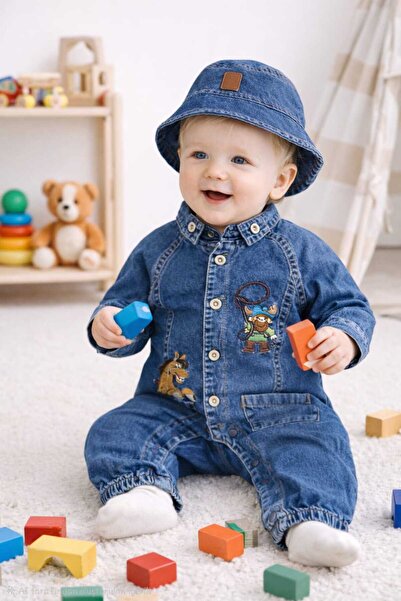 CROCODAYS Erkek Çocuk Bebek Kot (Jeans) Nakışlı Şapkalı Tulum