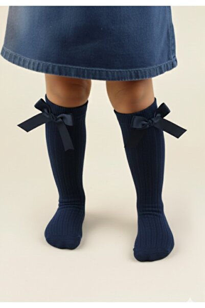 Penti Girls' 3/4 socks, cotton, with decorative bow - navy blue