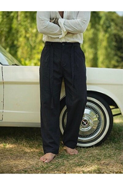 OUTFİT MAN Cotton / Linen Bel Tie-Detail Bol Pants Black