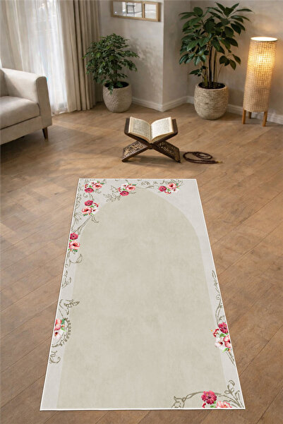 Pelura Halı Floral Print Printed Non-Slip Sole Washable Prayer Rug