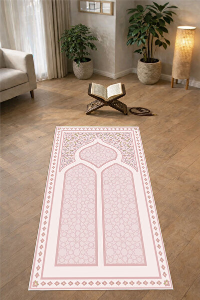 Pelura Halı Classic Patterned Printed Non-Slip Sole Washable Pink Prayer Rug